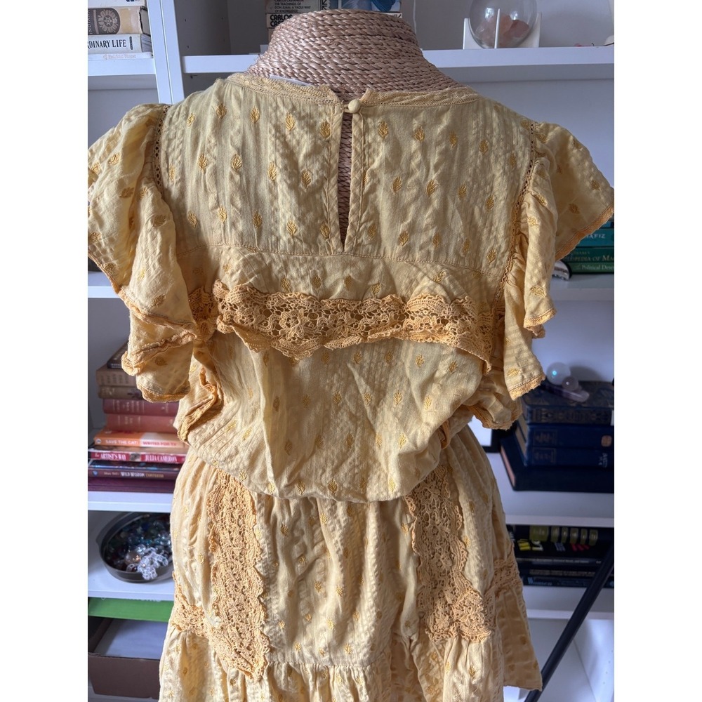 LoveShackFancy Yellow Lace-Trim Mini Dress Cottagecore Flutter Sleeve S boho - Picture 11 of 16